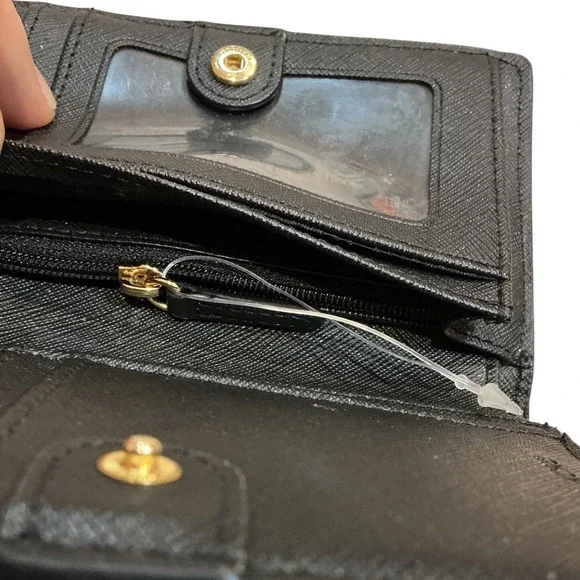 Michael Kors Black Pebbled Leather Bifold Wallet Gold Logo Snap Compact - Picture 4 of 7